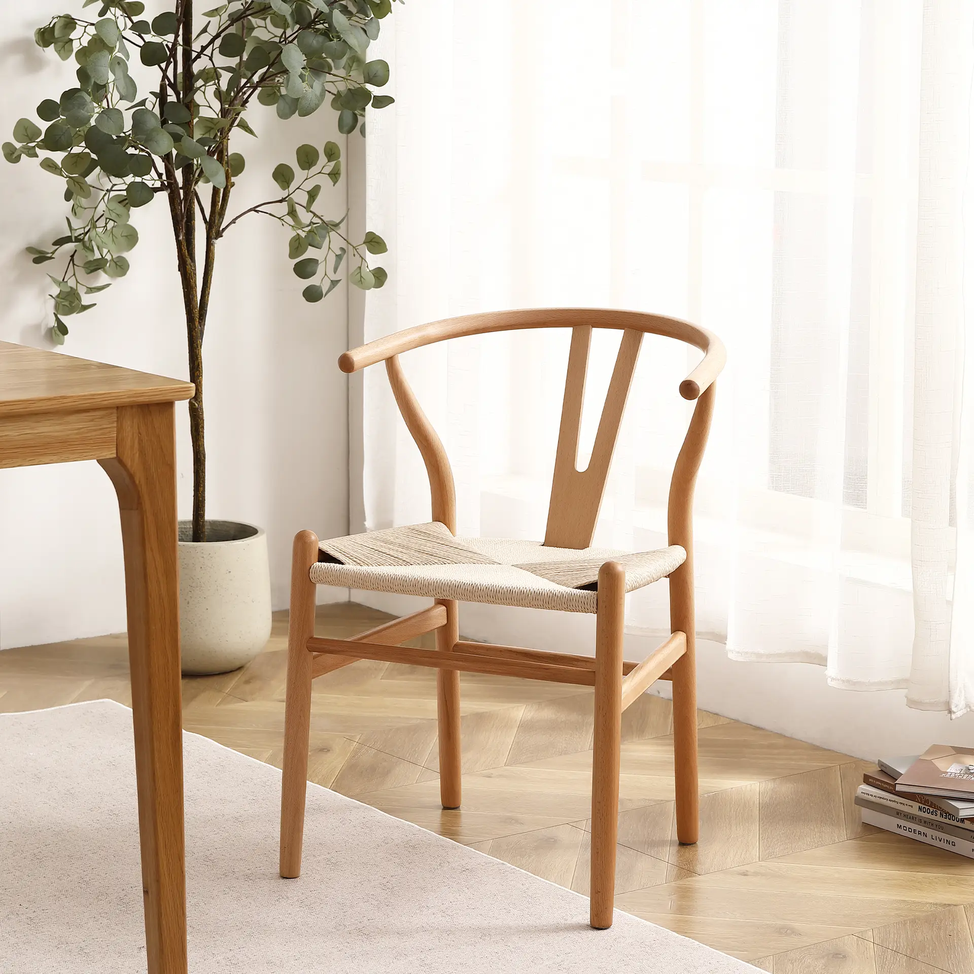 Esszimmerstuhl SW012 (Packung, 1 St) | Wishbone Stuhl mit Massivholzrahmen und Papierseilgeflecht - Buche natur